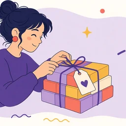 A person tying a tag onto wrapped boxes.