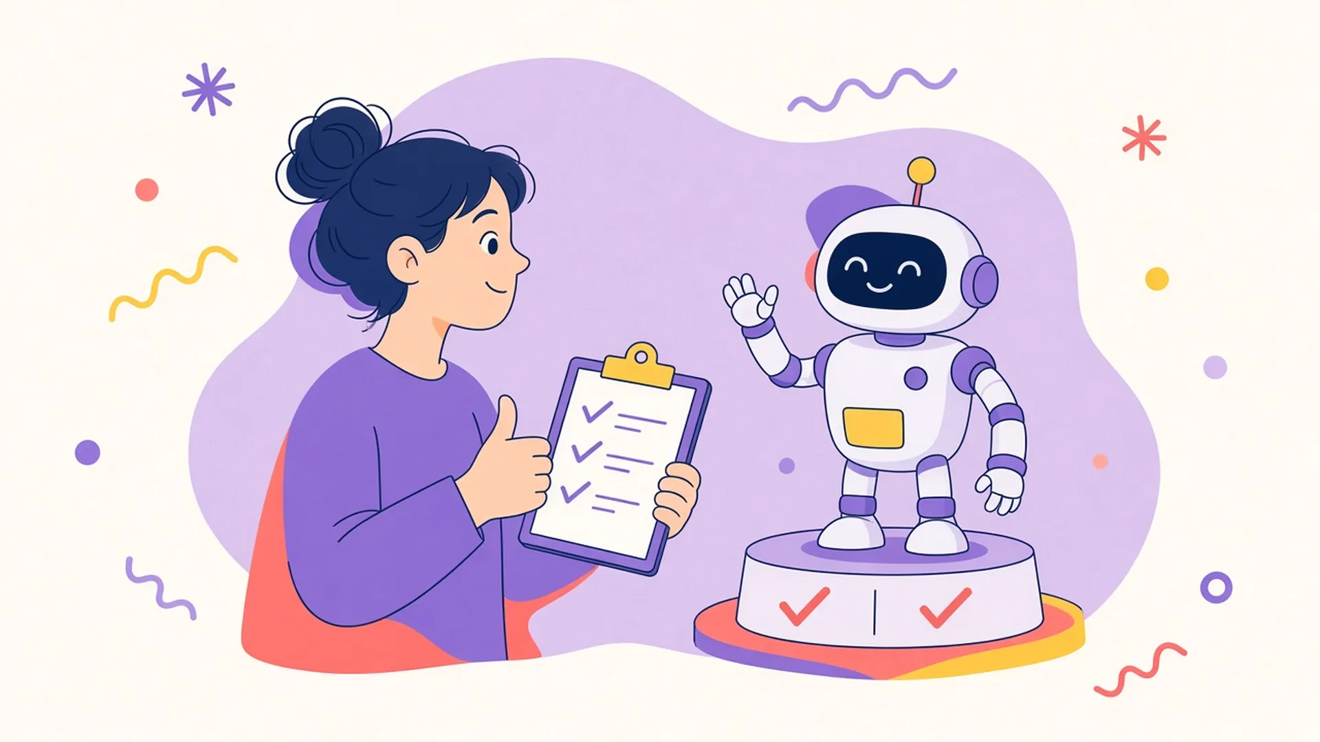 A person gives a thumbs up with a checklist next to a waving robot on a stand.