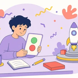 A person holding a card with a red and a green light, next to a rocket.