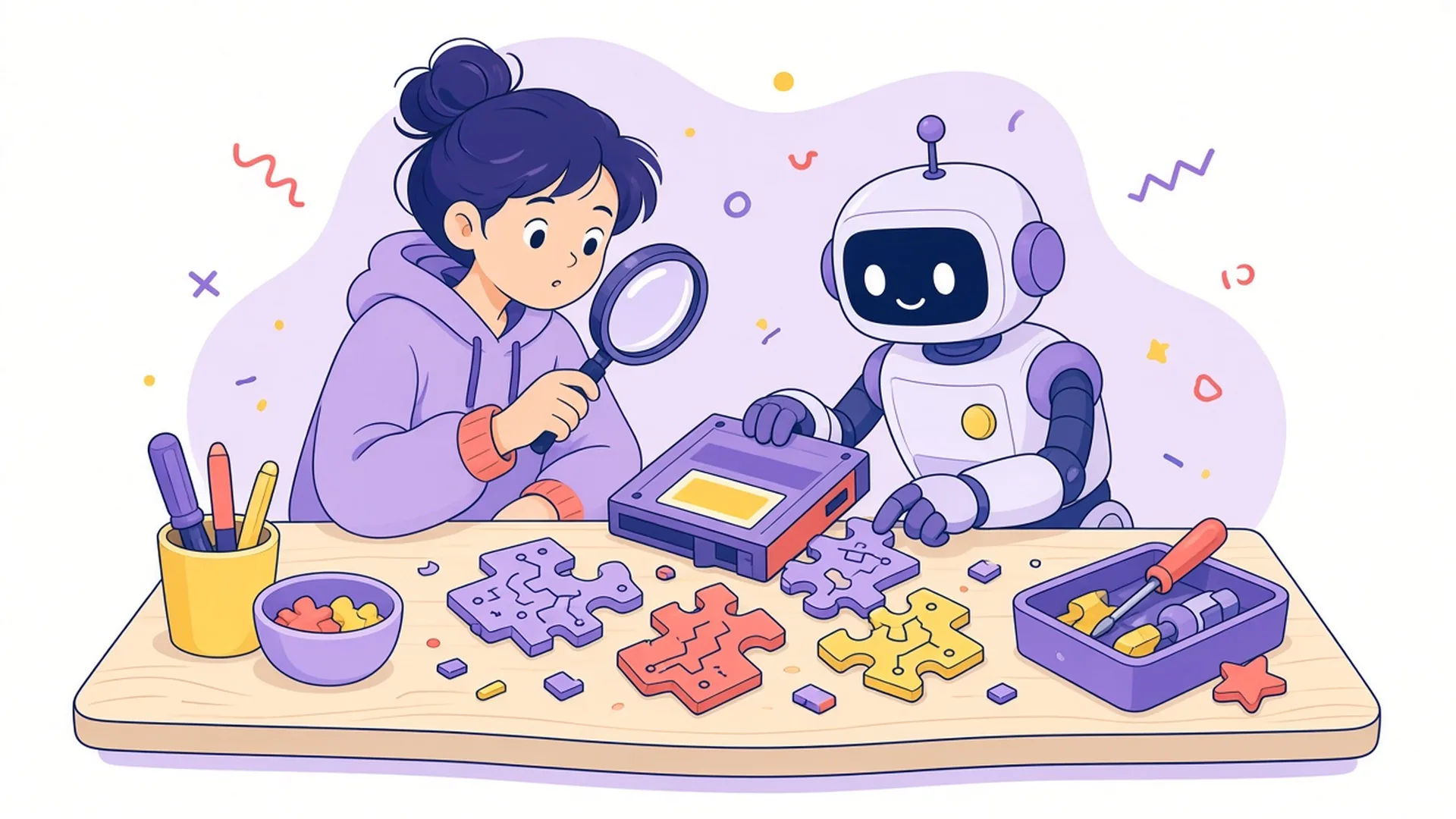 A curious person with a magnifying glass and a friendly robot take apart a retro game cartridge into puzzle pieces on a workbench.