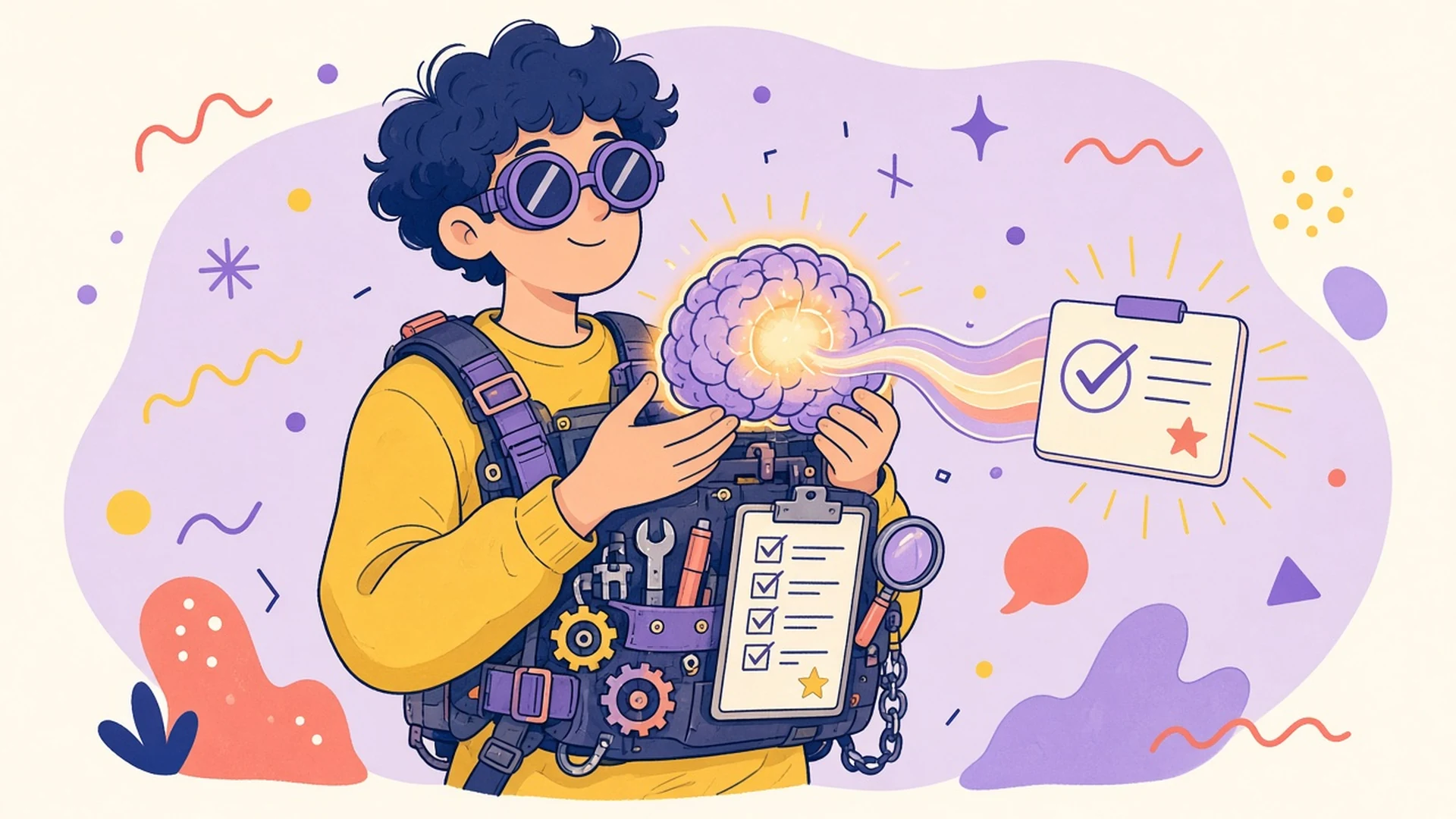 A person in goggles wears a tool-filled harness and holds a glowing brain that beams out a checked-off card.