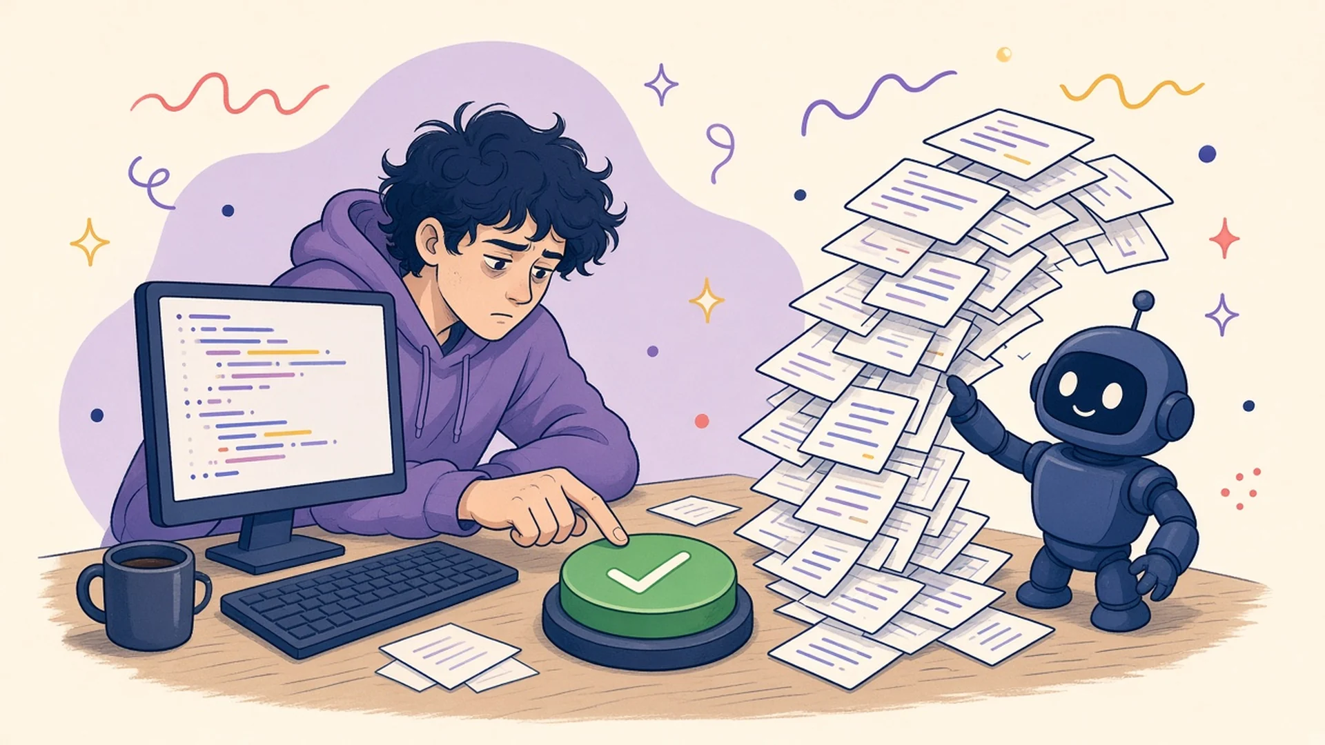 A tired curly-haired engineer reaches for a big green approve button while a small navy robot stacks a toppling tower of pull request cards beside the desk.