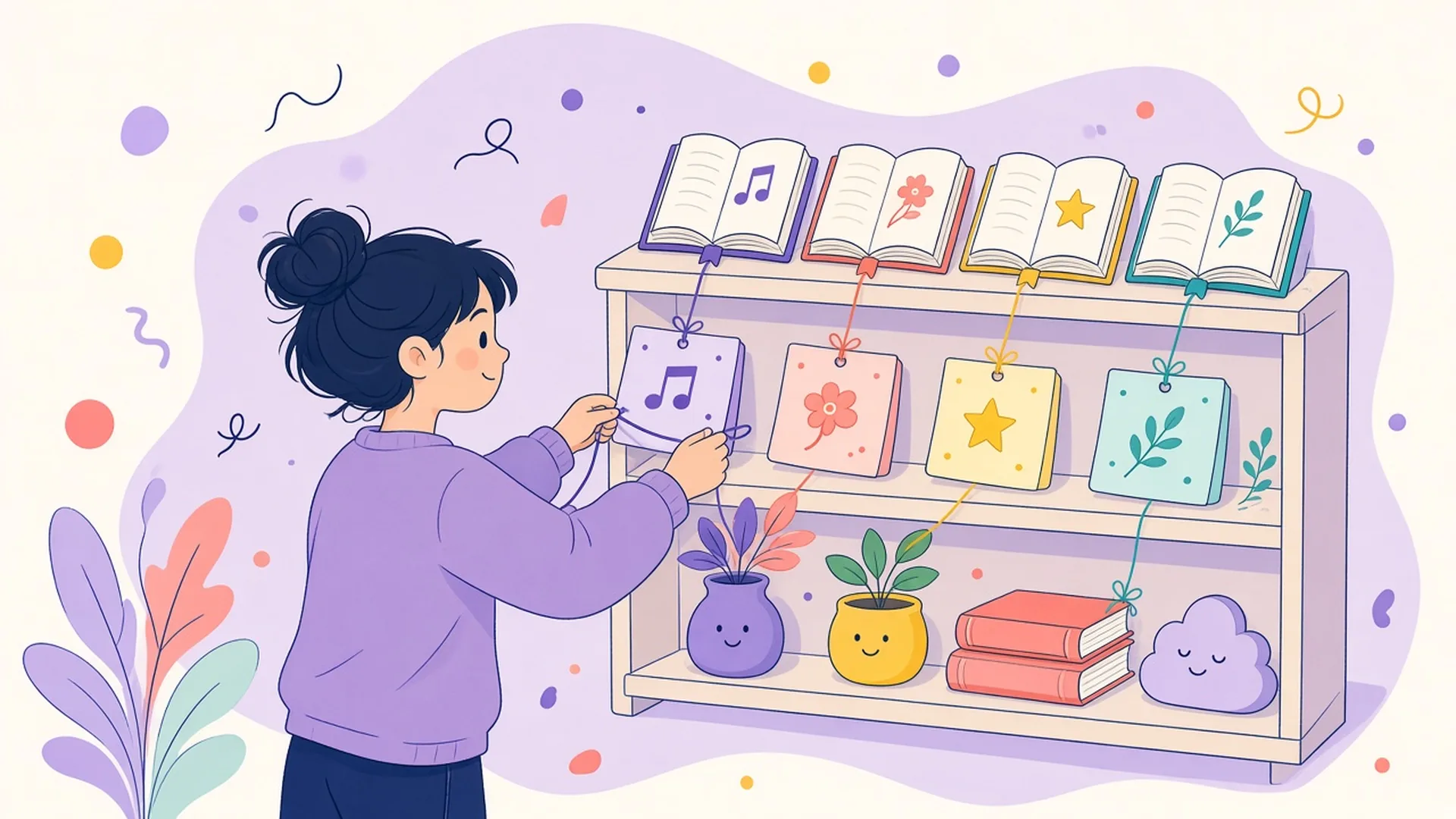 A person pins note cards to matching books on a bookshelf.