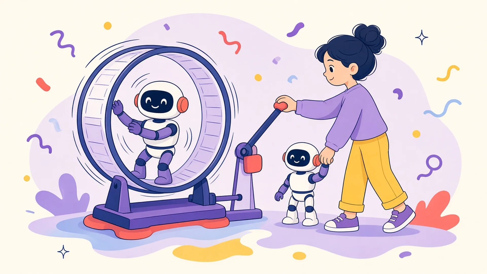 A person pulls a lever to stop a robot running in a hamster wheel, while a second small robot walks off free.