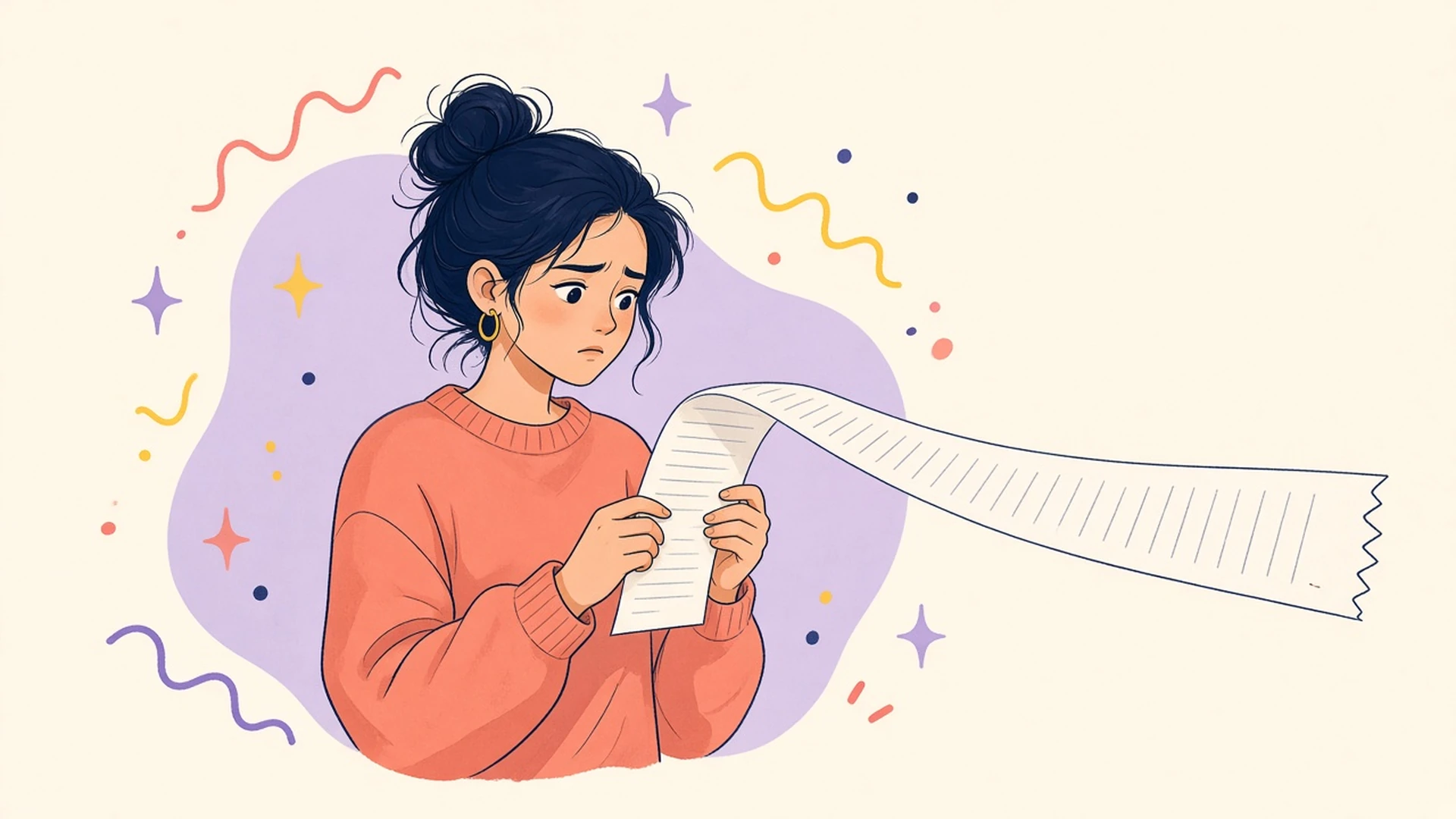 A person in a coral sweater frowns at a long paper receipt that unrolls past the edge, its last line torn off.