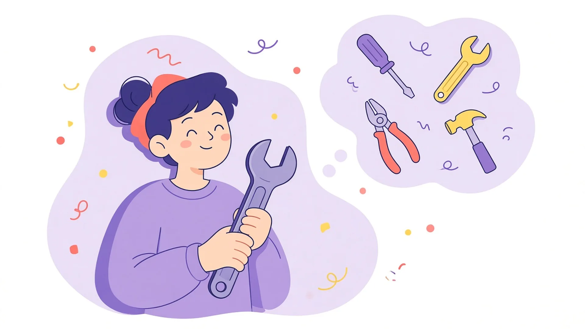 A smiling person holds on to one wrench while other tools float nearby.