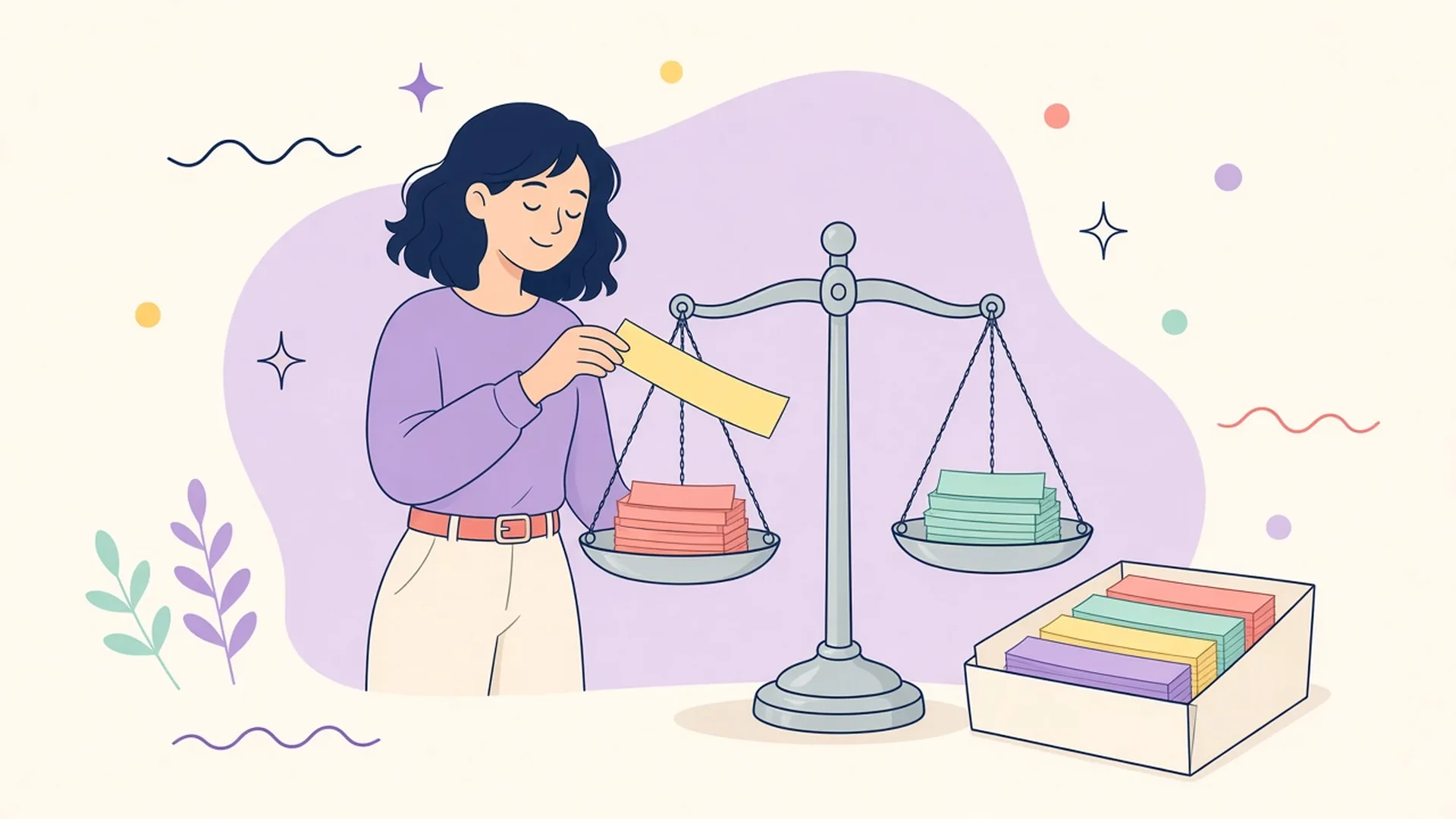 A person sorts paper answer slips of different lengths onto a balance scale, with none thrown away.