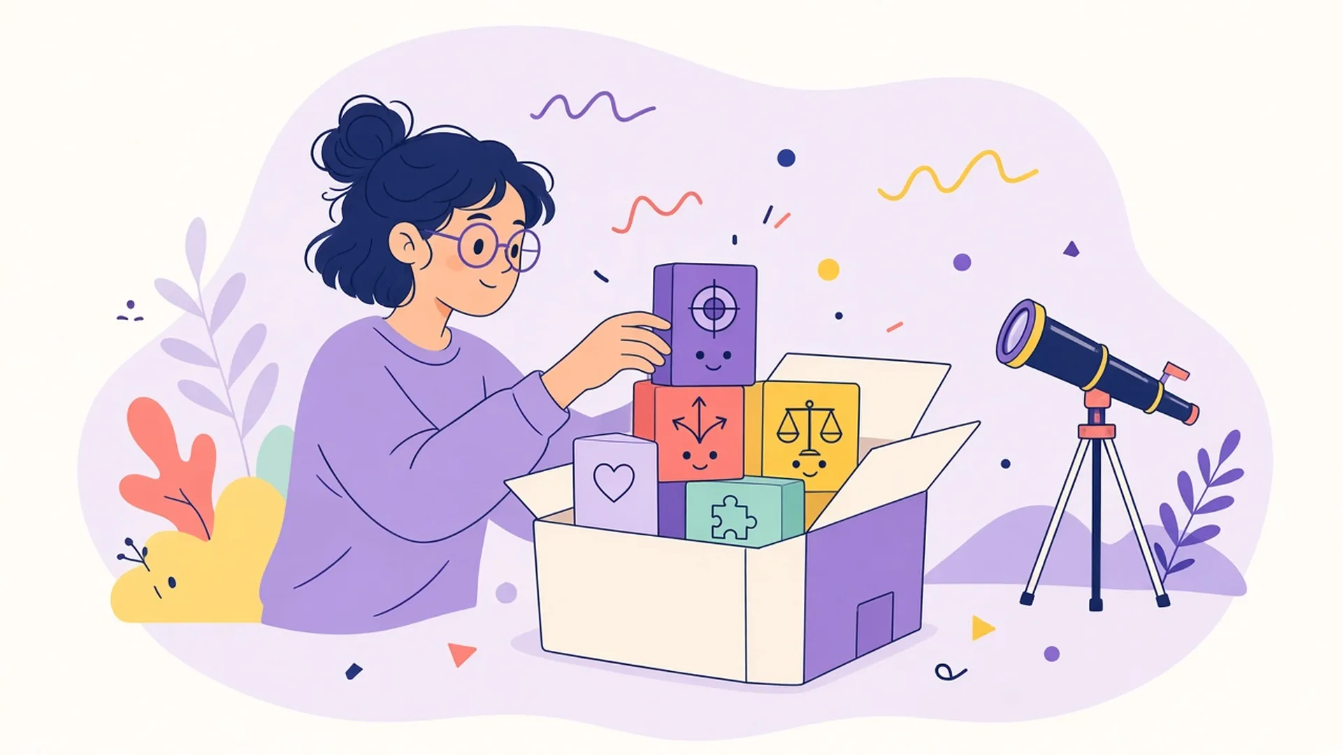 A person in glasses unpacks labelled blocks from a box, with a telescope standing beside it.