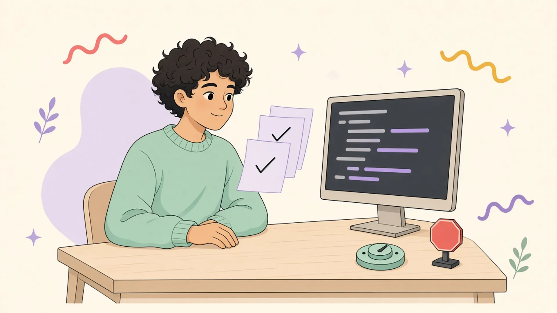 A person at a desk checks code on a screen through stacked review layers, beside a small round counter and a stop sign.