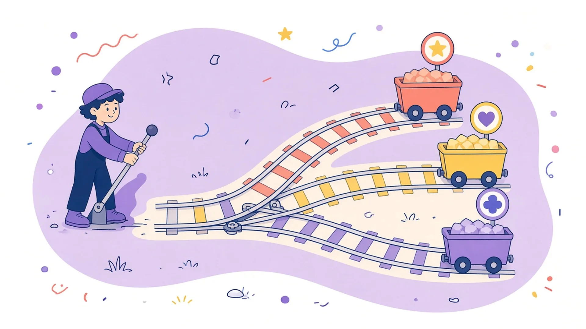 A person pulls a rail switch so three mine carts, each marked with a star, a heart or a cross, roll onto their own tracks.