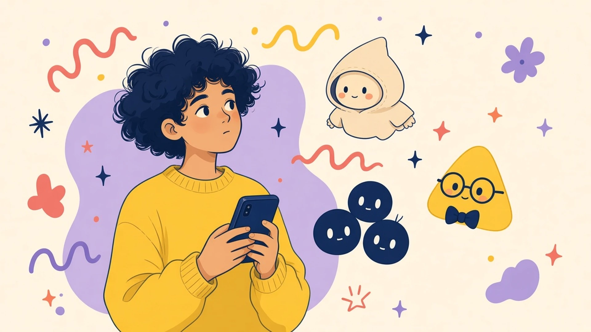 A curly-haired person in a yellow sweater holds a phone while a beige hooded figure, three round navy bots and a yellow triangle in glasses float nearby.