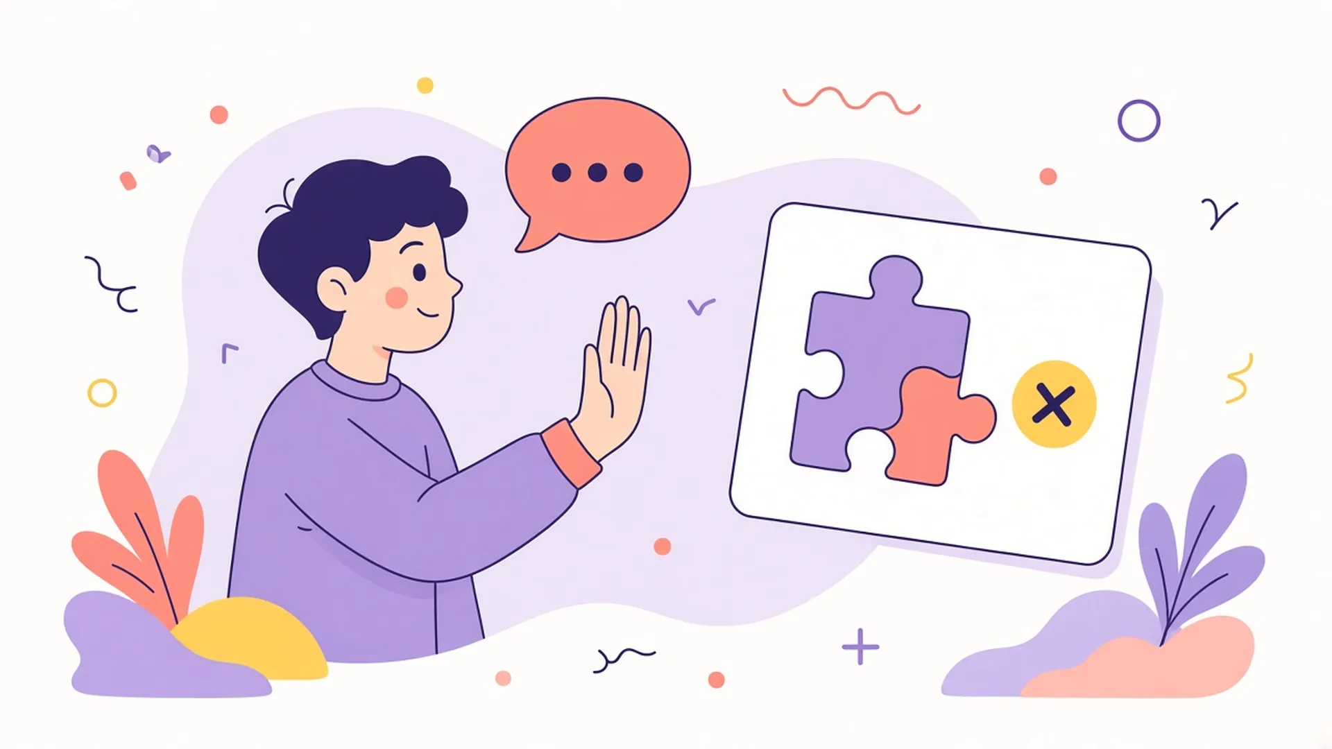 A person raises a hand to stop beside two jigsaw pieces that don't fit together.