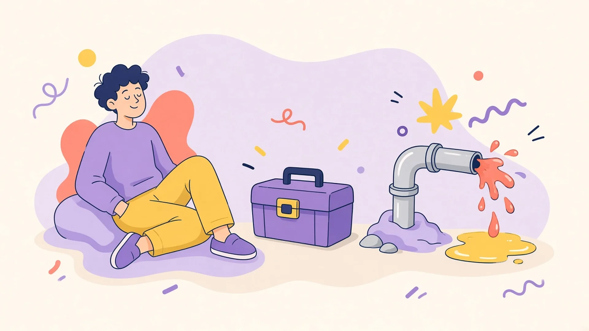 A relaxed person sits on a cushion beside a closed toolbox while a pipe nearby springs a leak.