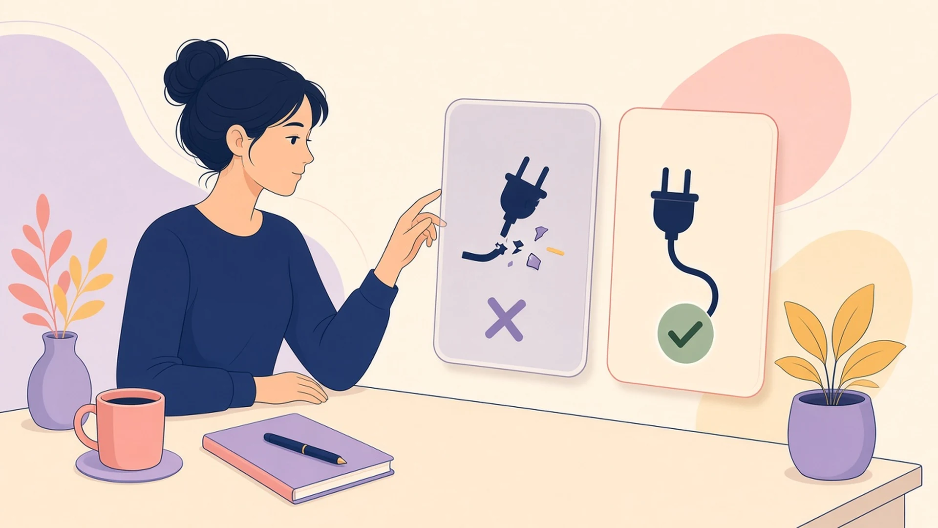 A person at a desk points at a card with a broken plug, next to a card with a working plug and a green check.