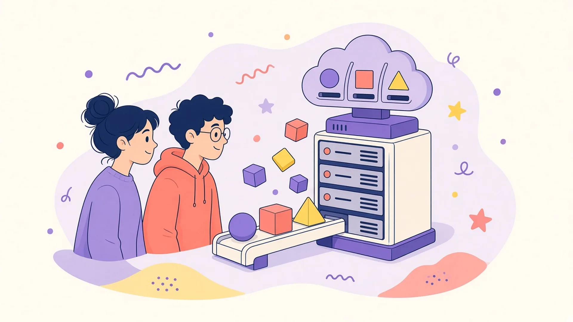 Two people watch a server rack sort coloured shapes from a cloud onto a conveyor belt.