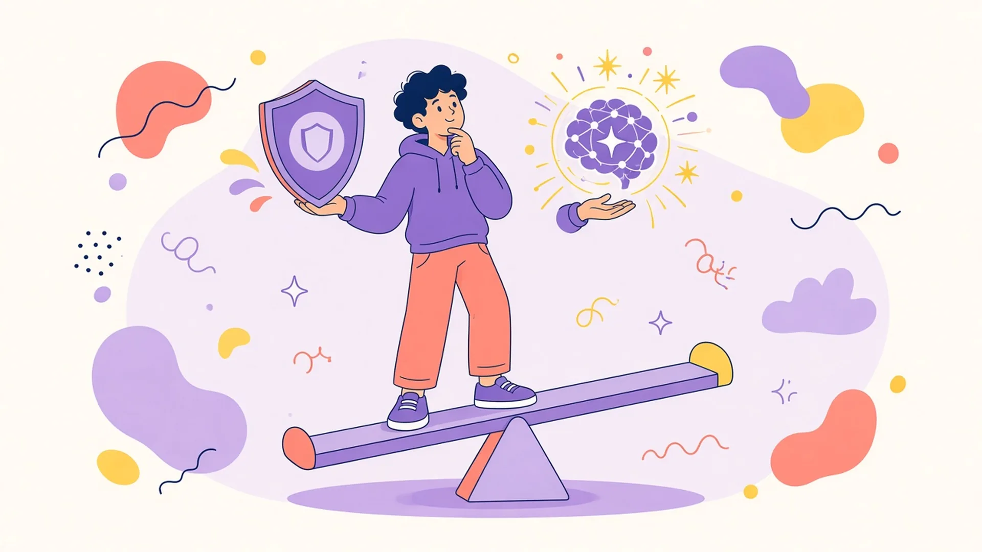 A person balances on a seesaw, holding a shield in one hand and a glowing brain in the other.