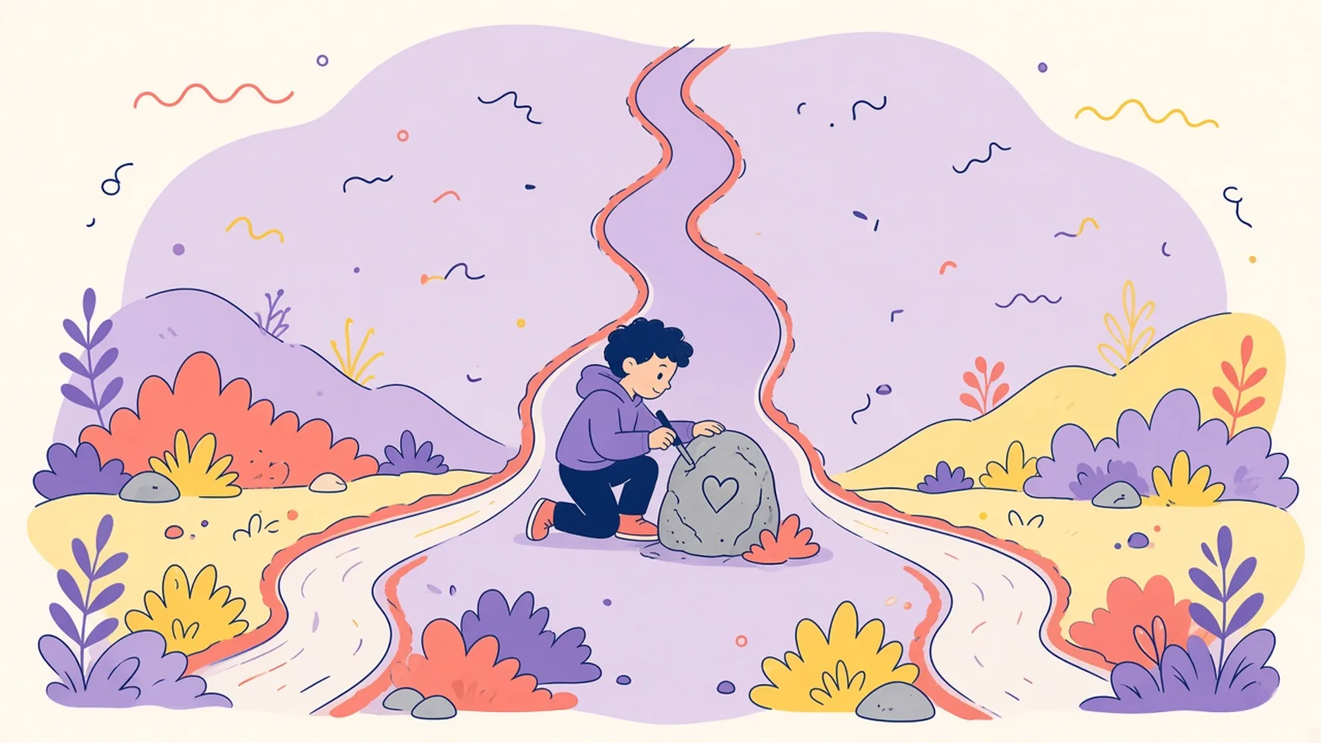 A small figure kneels to carve a heart into a rock where two winding paths meet.