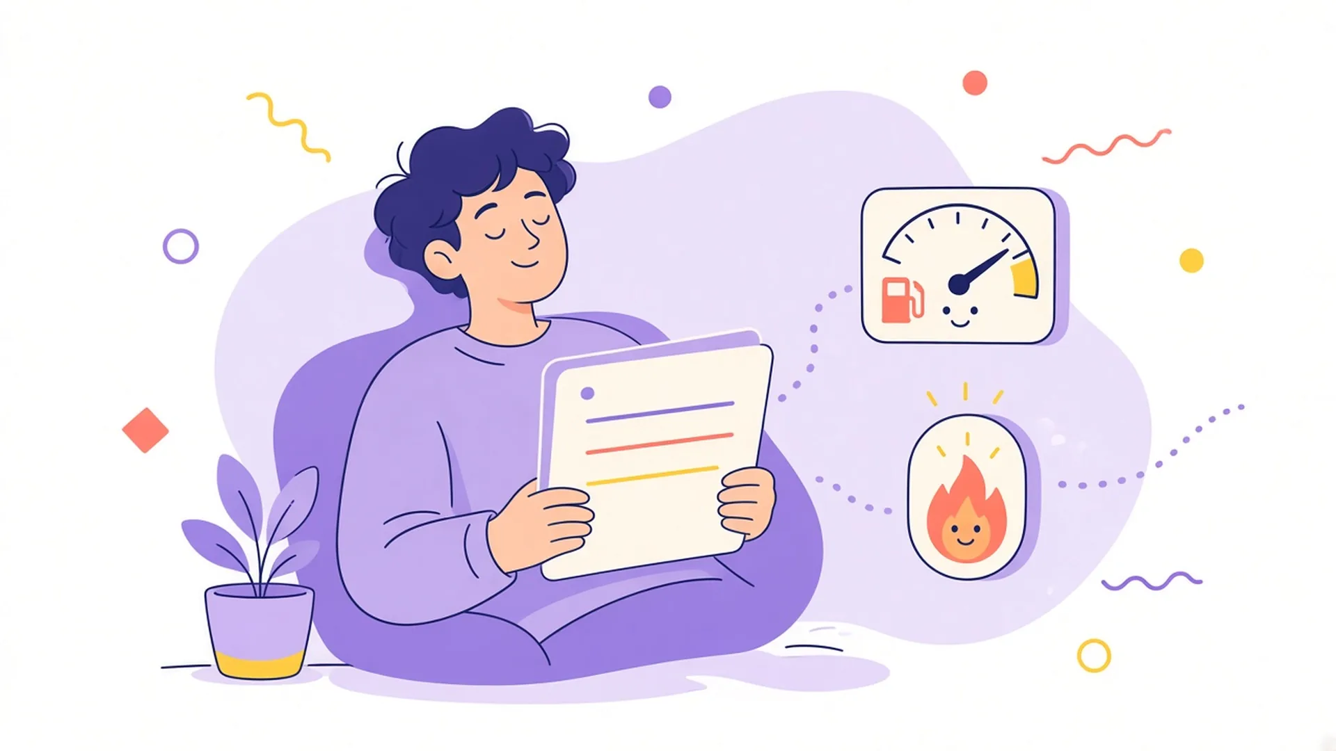 A calm person reads a report next to a fuel gauge and a small flame.