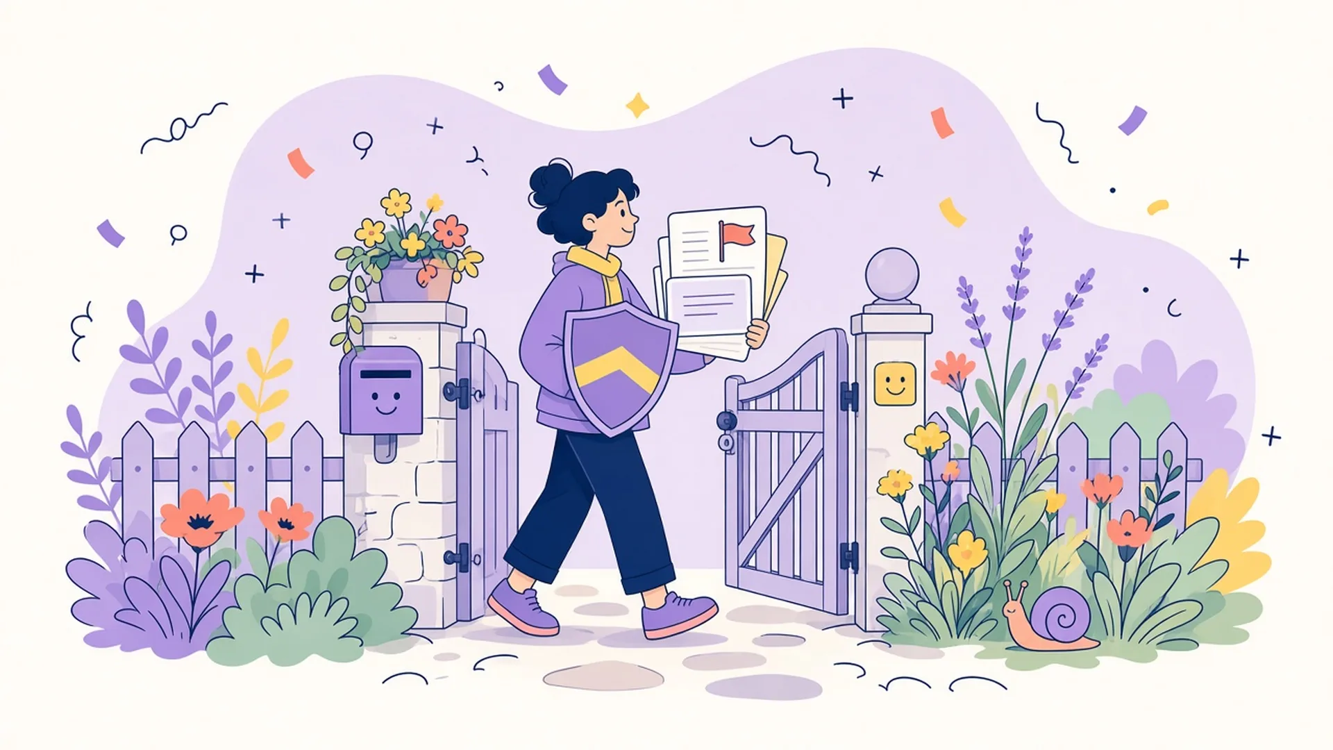 A person carrying papers and a shield walks through a garden gate past a mailbox.
