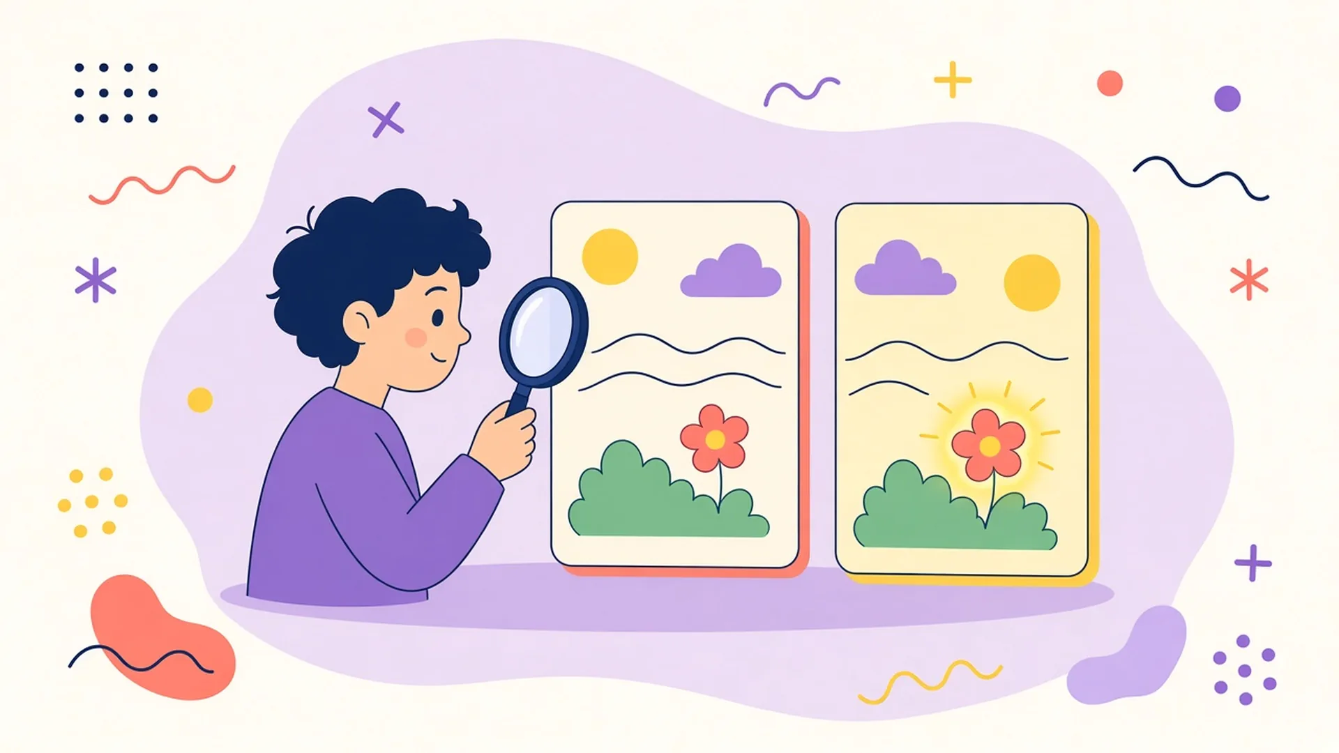 A person with a magnifying glass compares two nearly identical picture cards.